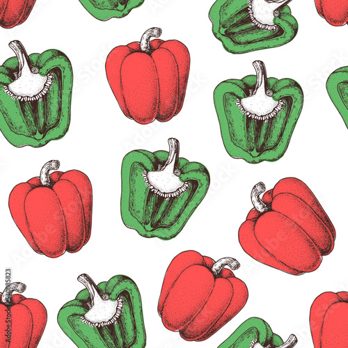 Pepper seamless pattern. Hand drawn background. Vector illustration. Hand drawing sketch illustration. Pepper vegetable hand drawn backdrop.