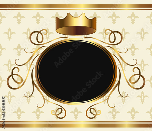 Elegant aristocratic greeting card template with golden crown and copy space for text. Medieval heraldic background, monarchy design element, royalty style event invitation vector illustration.