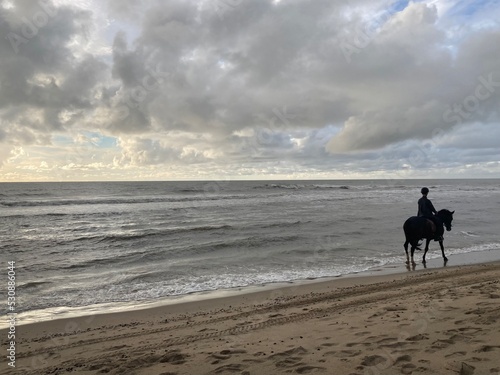 A rider with his horse on the beach at sunset