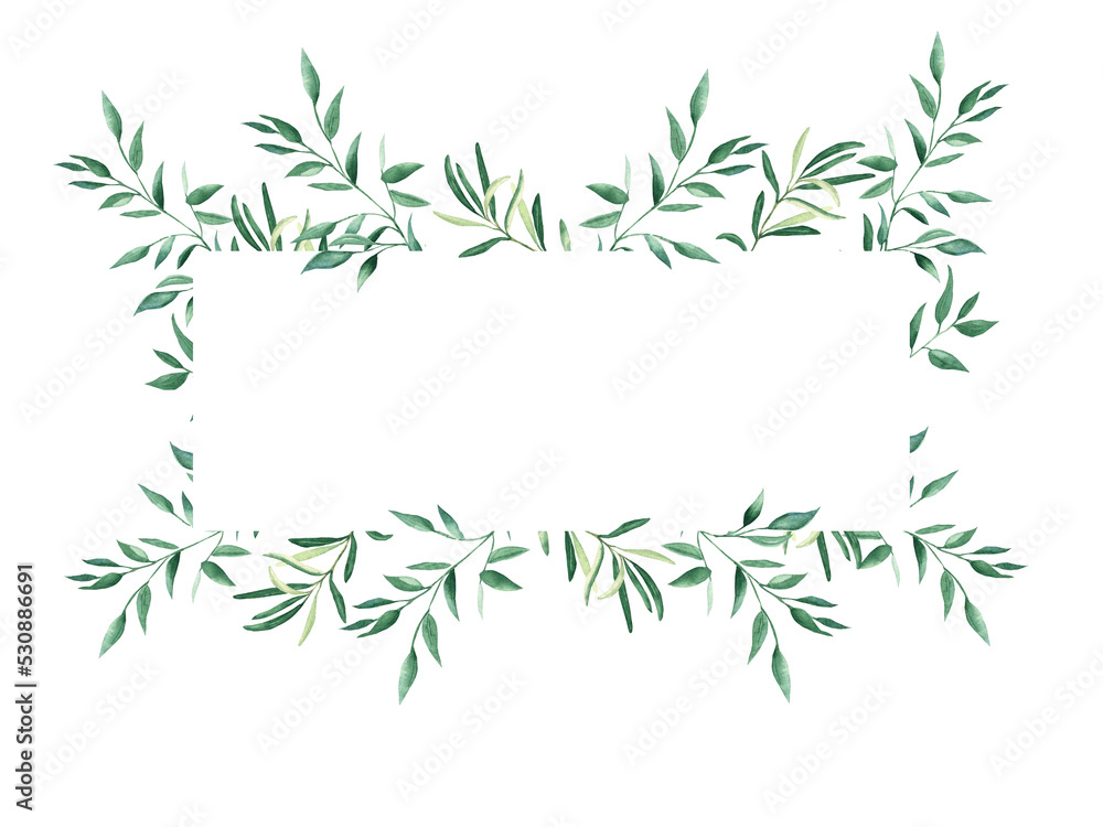 Rustic foliage watercolor horisontal frame. Olive and pistachio branches. Hand drawn botanical illustration isolated on white background. Can be used for cards, wedding invitations, baby shower.