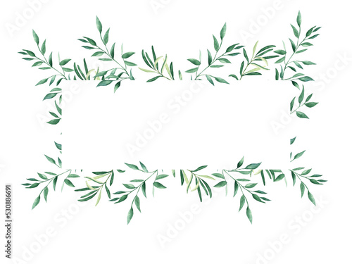 Rustic foliage watercolor horisontal frame. Olive and pistachio branches. Hand drawn botanical illustration isolated on white background. Can be used for cards  wedding invitations  baby shower.