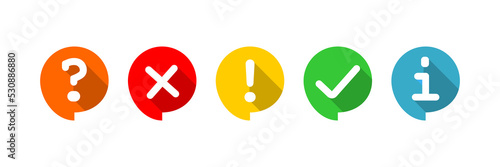Check mark, cross, question mark, exclamation point, information icon set. Color circle buble information symbol. Sign app button vector flat.