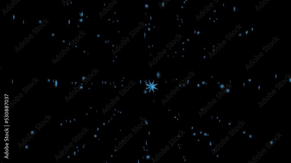 Scattered snow on blue snowflakes in the night sky. Animation of flying snow, top view. 3D.4K. Isolated black background. Scattered snow on blue snowflakes in the night sky. Animation of flying snow, top view. 3D.4K. Isolated black background.