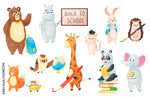 Cute wild animals schoolchildren, set of isolated vector illustrations back to school concept.