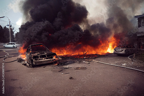 Burning car, vehicle accident, car wreck © Mikiehl Design