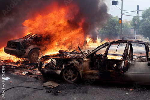 Burning car, vehicle accident, car wreck