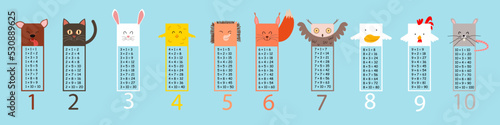 Multiplication table with square animals. Printed bookmarks or stickers with cute kawaii animals. Children s design in a flat style.