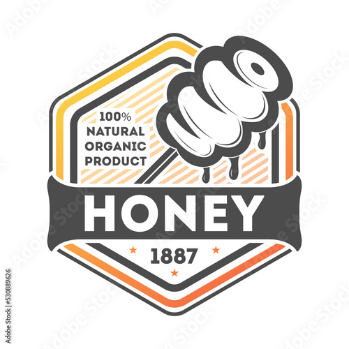 Natural honey vintage label isolated vector illustration. Traditional beekeeping icon, organic honey product logo, sweet food badge.