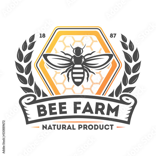 Bee farm vintage label isolated vector illustration. Traditional beekeeping icon, organic honey product logo, natural sweet food badge.
