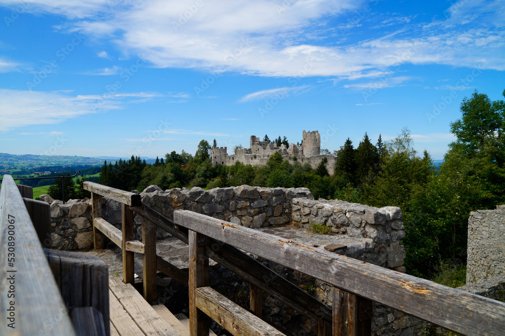 Ancient ruins of Hohenfreyberg Castle or Burg Hohenfreyberg against the blue sky, Allgaeu, Bavaria, Germany	 