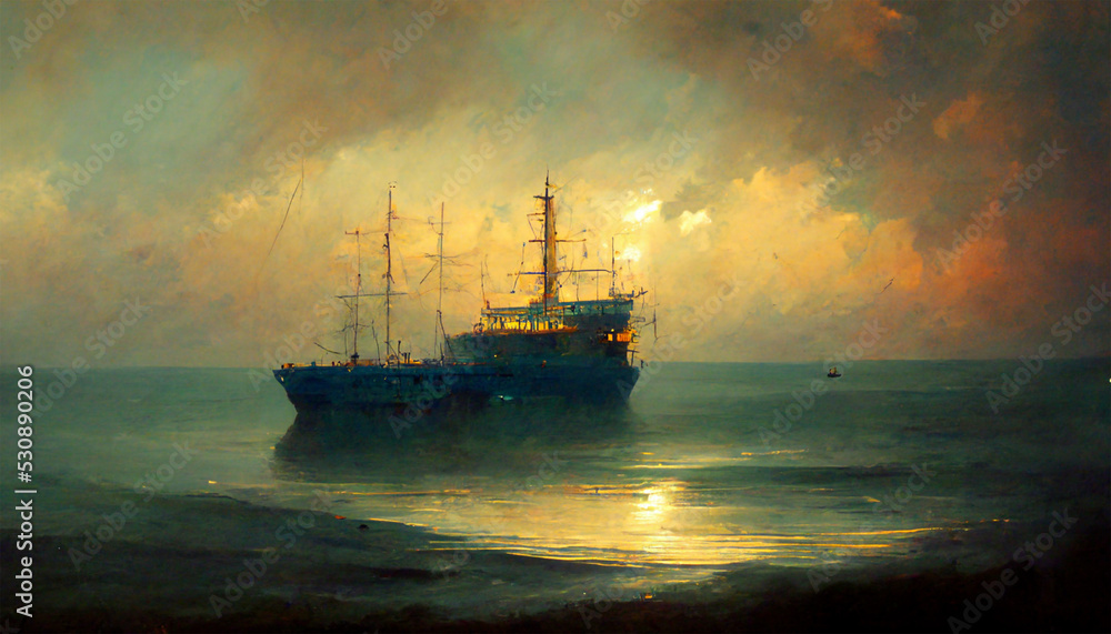 Abandoned pirate ship in middle of the ocean dreamy sky painting