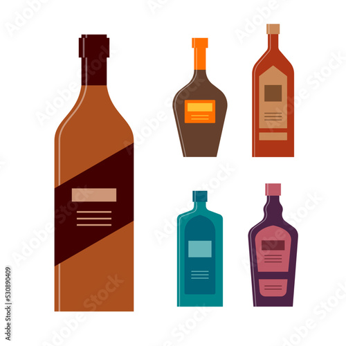 Set bottles of brandy balsam rum gin liquor. Icon bottle with cap and label. Graphic design for any purposes. Flat style. Color form. Party drink concept. Simple image shape