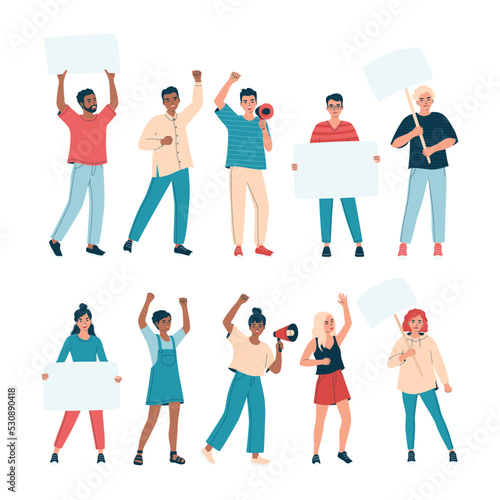 Collection of angry people with placard, banner, megaphone with raised up hands for protest. Diverse activists men and women on parade, picket, demonstration, strike. Isolated flat vector illustration