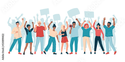 Silhouette of a protesting crowd people with placards and raised up hands. People at a picket, strike. Peaceful demonstration of human rights. Isolated flat vector illustration