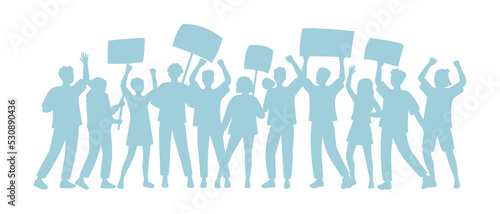 Group of diverse protesting people.  Silhouette of a crowd with placards on backdrop. Angry men and women at a picket, strike. Peaceful demonstration of human rights. Isolated flat vector illustration