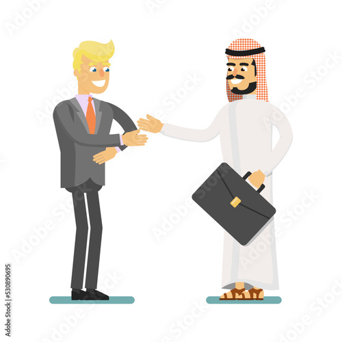 Muslim businessman hold business meeting. Standing arabian man in traditional clothing, business people vector illustration.