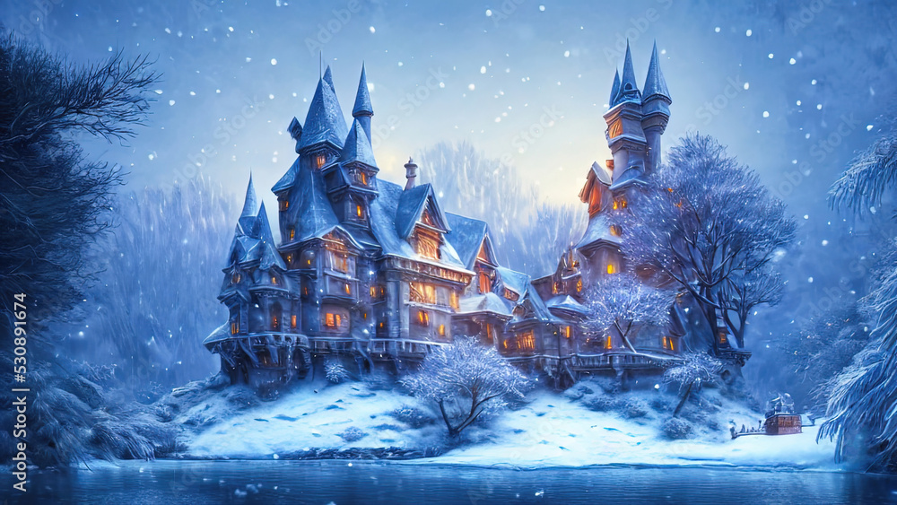 Naklejka premium Winter fairy castle, holiday decorations, neon, night, lanterns and garlands. Winter night landscape forest near the river. Christmas tree. Festive background. 3D illustration
