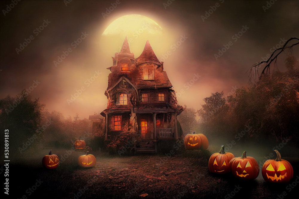 Halloween haunted house background, Digital painting technic.	

