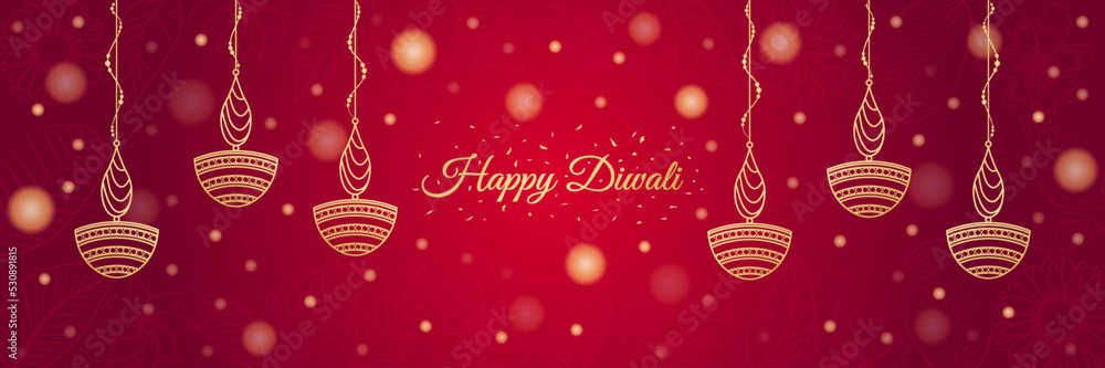 Happy Diwali Luxury Golden Red Horizontal Website Header Vector Illustration. Fairy lights and Diya. Hindu Festival celebration banner design. Social media post, promotion, advertisement, invitation