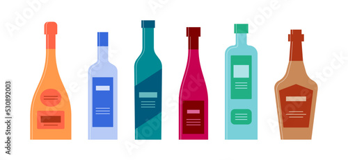 Set bottle of champagne vodka gin wine tequila whiskey in row. Icon bottle with cap and label. Graphic design for any purposes. Flat style. Color form. Party drink concept. Simple image shape