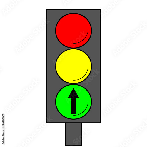 only move straight ahead.Traffic lights with all three colors on,driving school,learning the rules of the road.Training material