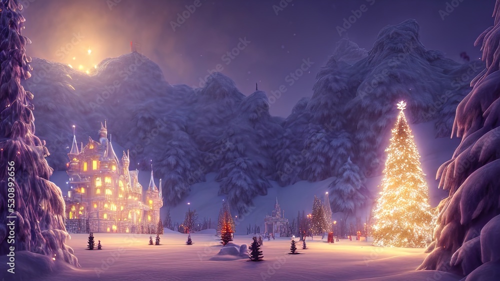 Winter fairy castle, holiday decorations, neon, night, lanterns and garlands. Winter night landscape forest near the river. Christmas tree. Festive background. 3D illustration - obrazy, fototapety, plakaty 