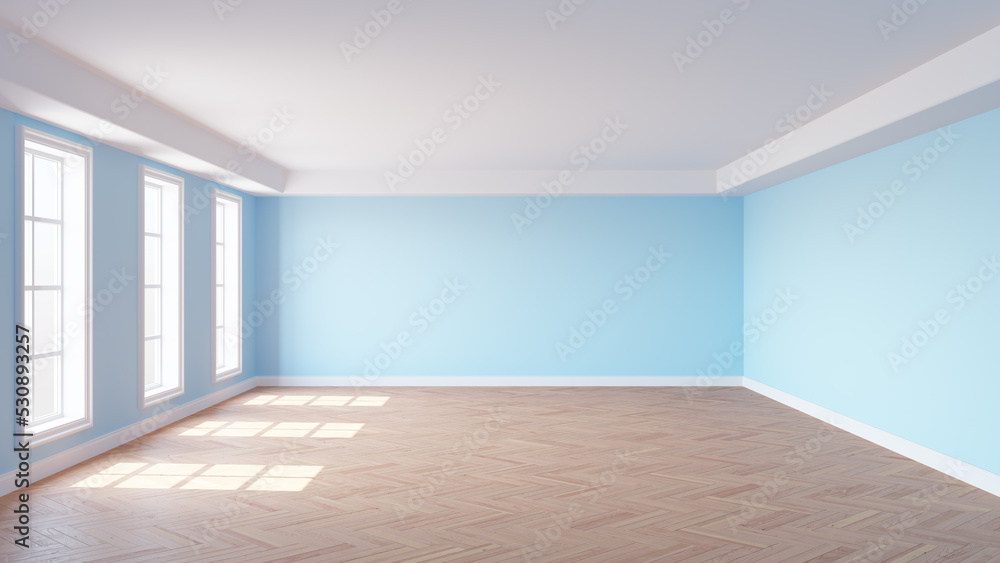 Fototapeta premium Sunny Interior with Pale Blue Walls, Three Large Windows, White Ceiling Cornice, Glossy Herringbone Parquet Floor and a White Plinth. 3d render with a Work Path on the Windows. 8K Ultra HD, 7680x4320