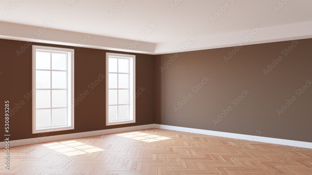 Obraz premium Sunny Interior ot the Empty Brown Room with a White Ceiling and Cornice, Glossy Herringbone Parquet Floor, Two Large Windows and a White Plinth. Interior Concept. 3d rendering. 8K Ultra HD, 7680x4320