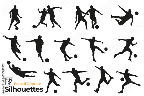 Isolated silhouettes of football players. Players in different positions playing ball.