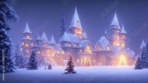 Winter fairy castle, holiday decorations, neon, night, lanterns and garlands. Winter night landscape forest near the river. Christmas tree. Festive background. 3D illustration