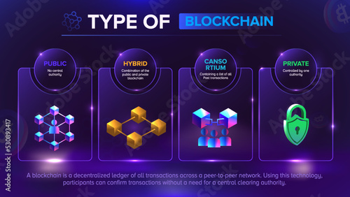 Blockchain Types- Public, Private, Hybrid and Consortium Blockchain icons and infographics vector illustration