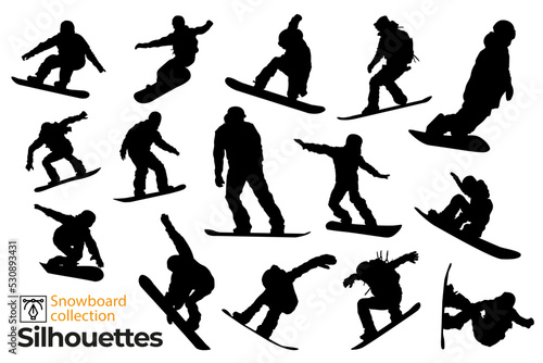 Set of isolated silhouettes of snowboard riders. Silhouettes of people practicing winter sports.