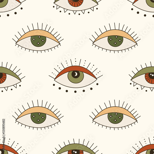 Seamless vector pattern with 70s psychedelic eye of providence and abstract symbols. Retro groovy background for design and print. Cartoon hippy texture. Vintage boho illustration
