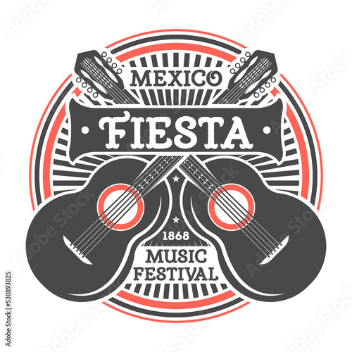 Mexican fiesta vintage isolated label with guitar. Traditional authentic mexican culture element, national festival event emblem vector illustration.