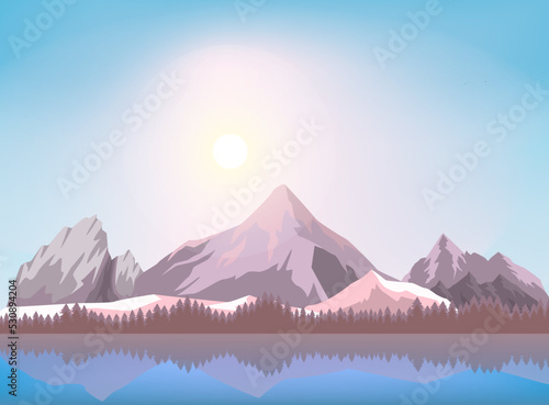 Nature mountain landscape background vector illustration. Ice mountain range near forest and lake. Tourism organization, extreme travel and hiking, mountaineering and outdoor adventure backdrop