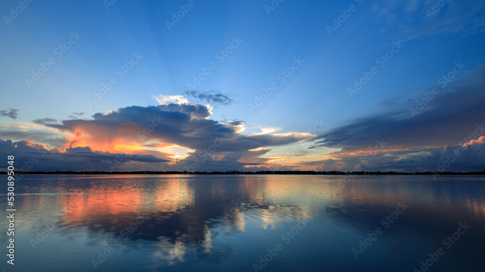 Cloudscape reflections over the river during sunrise