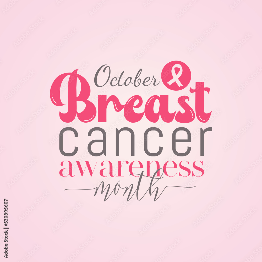 Breast cancer awareness month calligraphy banner design on pink background. Realistic pink ribbon symbol. Vector illustration.