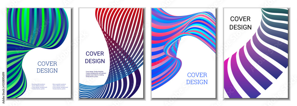A set of 4 abstract covers. Wavy parallel gradient lines, ribbons evolve. Cover design, background. Trendy banner, poster. A set of 4 abstract covers. Wavy parallel gradient lines, ribbons evolve. Cover design, background. Trendy banner, poster.