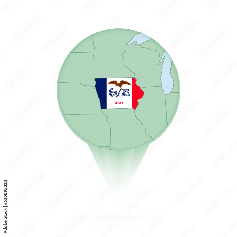 Iowa map, stylish location icon with Iowa map and flag. Iowa map, stylish location icon with Iowa map and flag.
