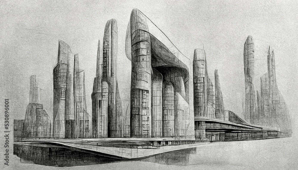 Fototapeta premium Futuristic surreal urban architecture pencil drawing style. Fantasy alien city. 3D illustration.