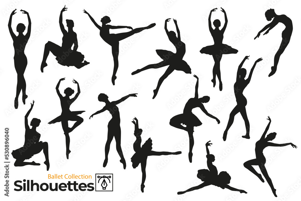 Collection of silhouettes of ballerinas dancing ballet.