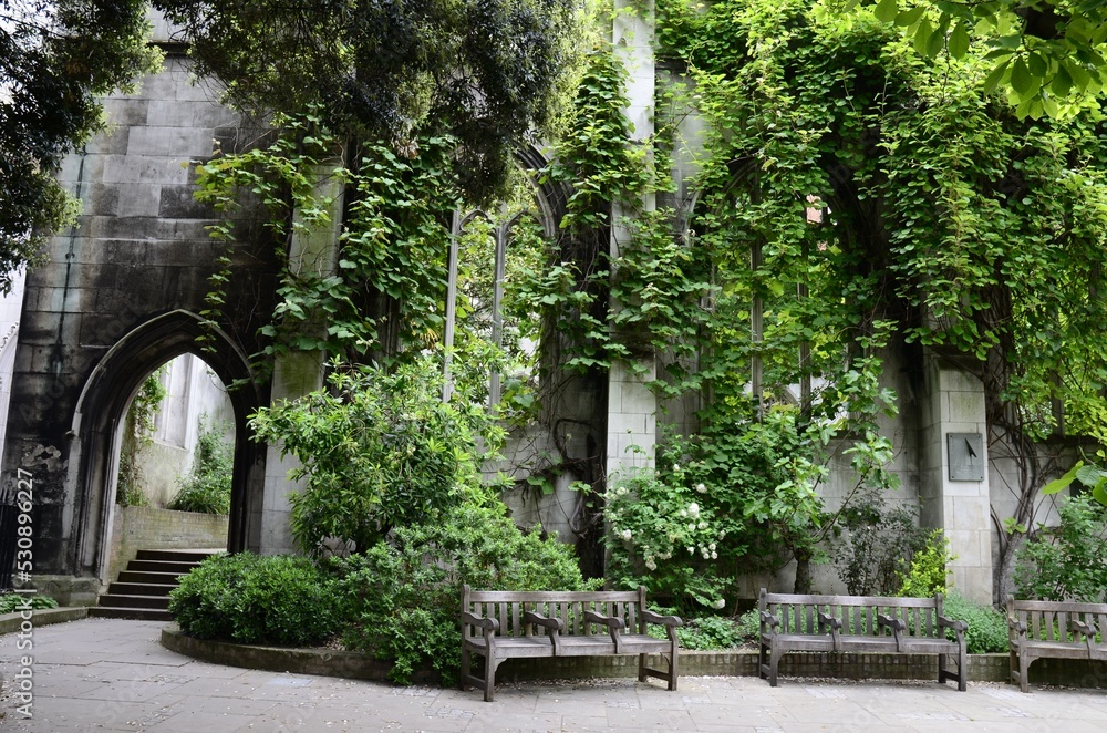 Old abandoned castle building in London, England, UK. London city hidden places. St. Dunstan in the East Church Garden.