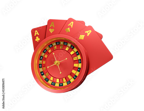 Casino roulette and cards 3d icon. Casino game chips, bet cards, bet items. Transparent png photo