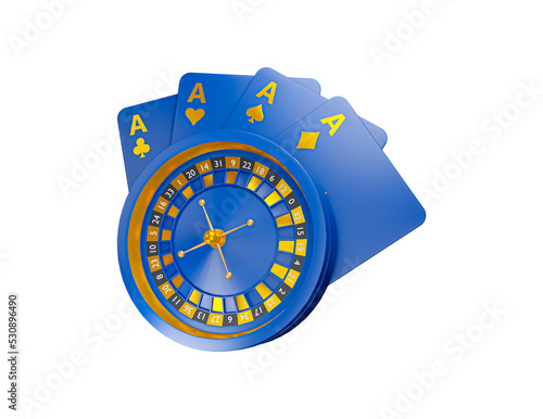 Casino roulette and cards 3d icon. Casino game chips, bet cards, bet items. Transparent png photo