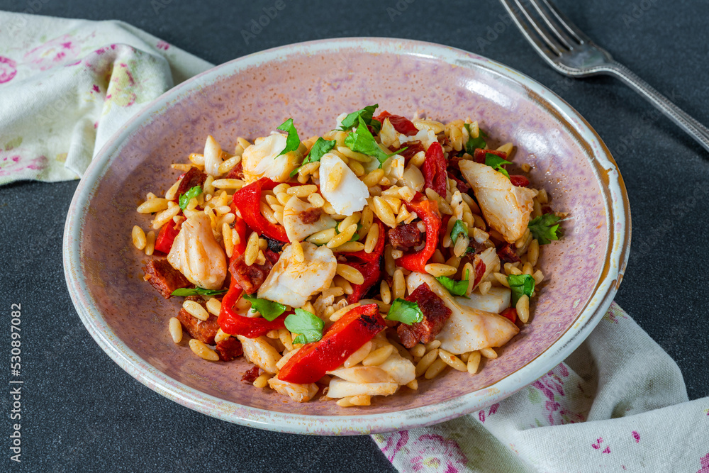 Cod, chorizo and orzo pasta with roasted red peppers Cod, chorizo and orzo pasta with roasted red peppers