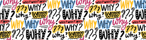 Why question seamless pattern. Lot of words, different lettering styles, newspaper vector texture. Colorful background banner.