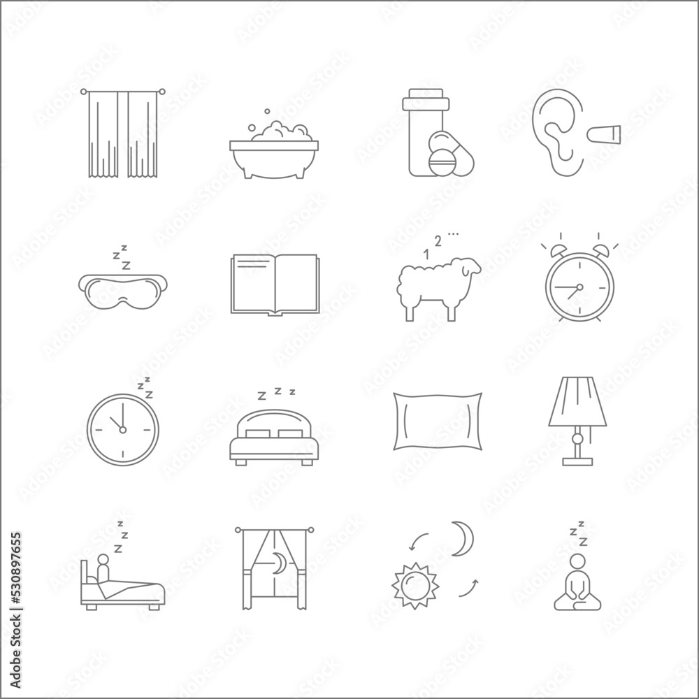Sleep Signs Thin Line Icons Set Include of Bed and Clock. Vector illustration of Night Dream Icon Sleep Signs Thin Line Icons Set Include of Bed and Clock. Vector illustration of Night Dream Icon