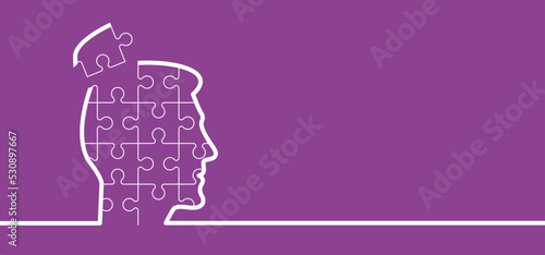 Head, face and jigsaw puzzle pieces. World alzheimer's day. People suffering from the brain disease and memory loss, for neurology, mental illness. Alzheimer disease symptoms. June or September