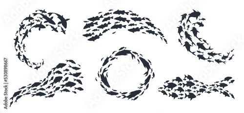 Shoal of fish or shoaling, vector frames set.