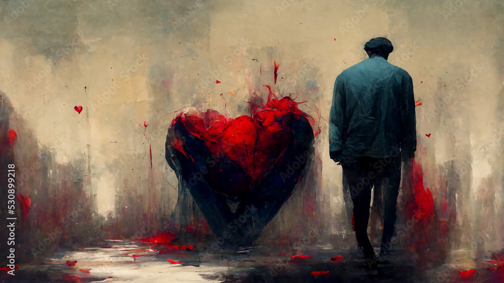 Man sad and depressed after breakup with giant and bloody symbolic heart. Heartbreak digital painting illustration. - obrazy, fototapety, plakaty 